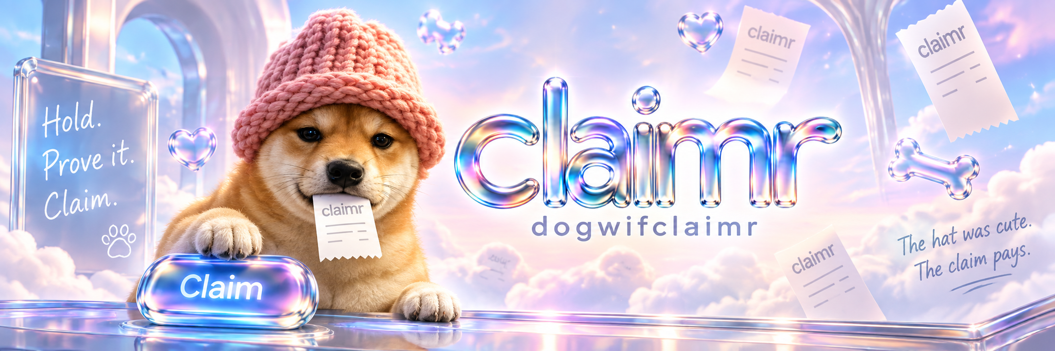 Wide dogwifclaimr banner: the mascot at a glossy claim desk with holographic claimrr lettering, floating receipts, and the line The hat was cute. The claim pays.