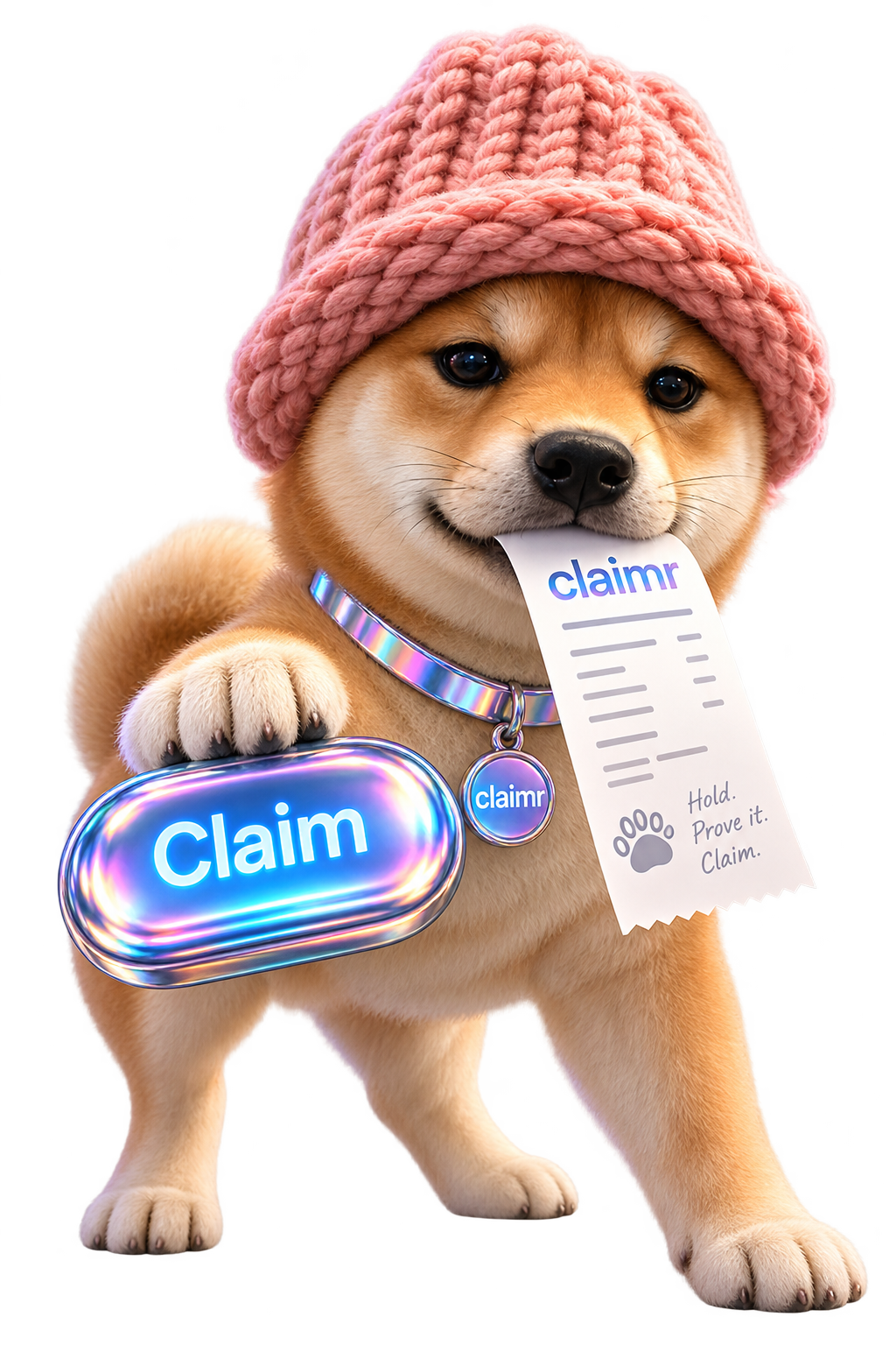 Shiba mascot in a pink knitted beanie holding a holographic Claim button, with a claimr receipt in its mouth